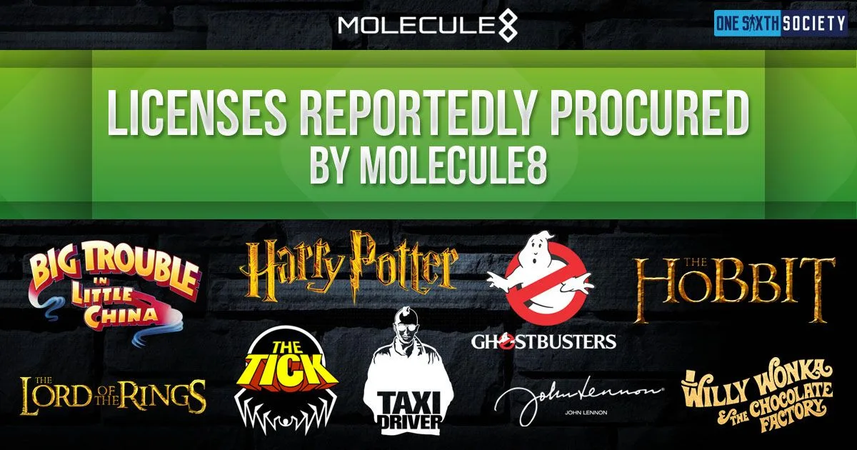 Historical graphic of licenses reportedly procured by Molecule8, including Ghostbusters, Harry Potter, The Hobbit and John Lennon logos.