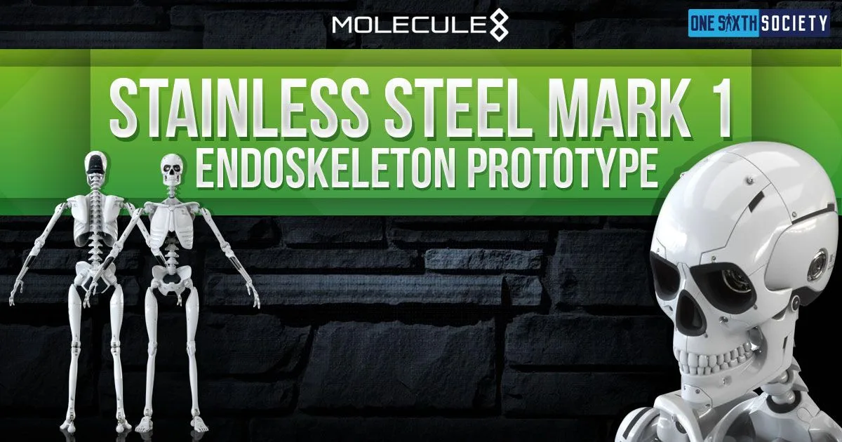 Molecule8 Mark 1 endoskeleton prototype shown in two full-body poses and a skull close-up, in artwork labelled stainless steel.