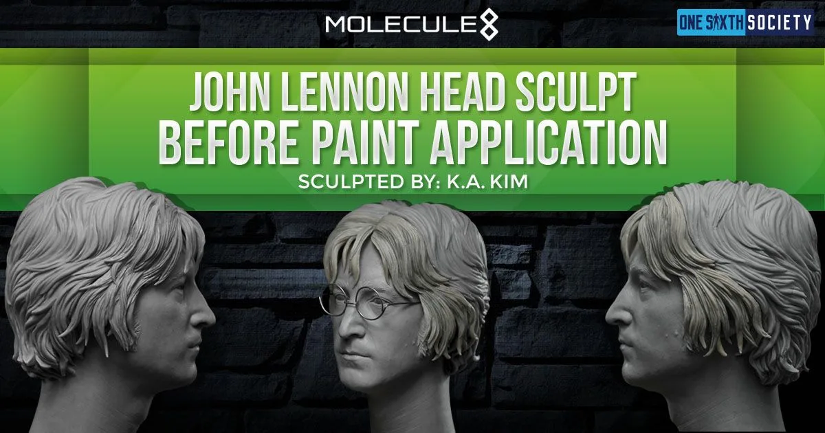 Three views of the unpainted John Lennon head sculpt credited to K.A. Kim, showing hair detail and a version with round glasses.