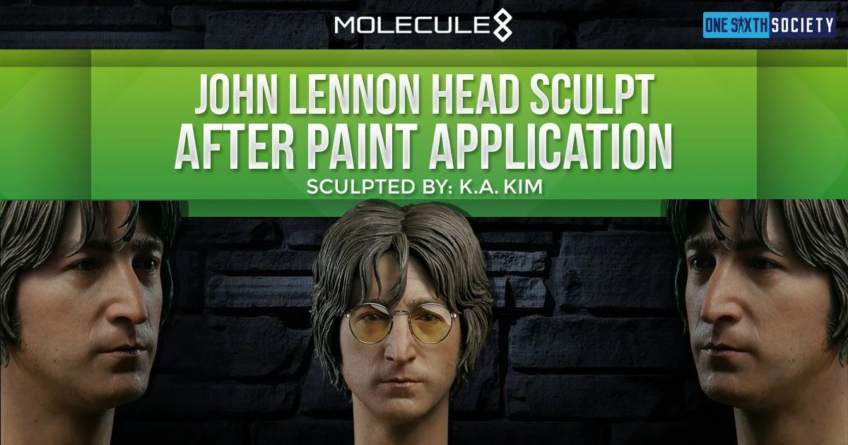 Three painted John Lennon head-sculpt views with skin tones, brown hair and round glasses in the central portrait.
