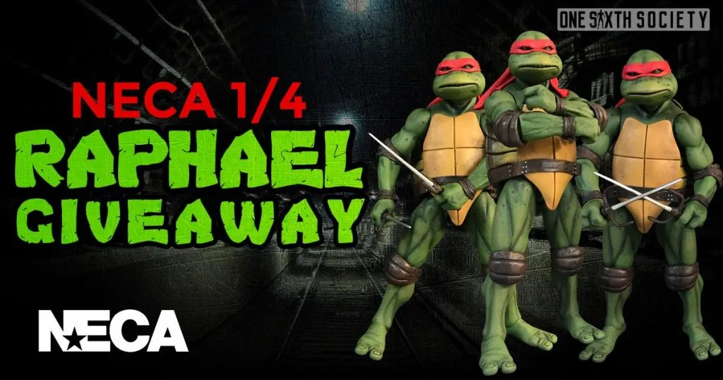 Archived NECA quarter-scale Raphael giveaway graphic with three views of the red-masked Ninja Turtle figure holding sai.