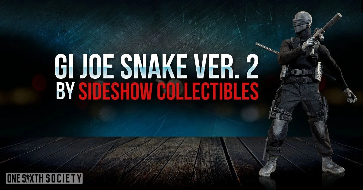 Sideshow Collectibles Snake Eyes in a black tactical suit and visor, holding a rifle across his chest beside the version-two figure label.