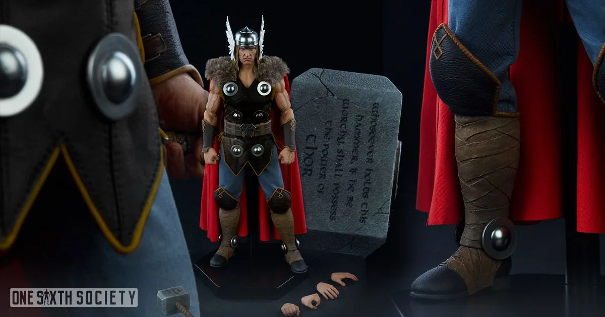 Sideshow Thor layout with full figure, interchangeable hands and close views of the hammer inscription, tunic and wrapped boots.