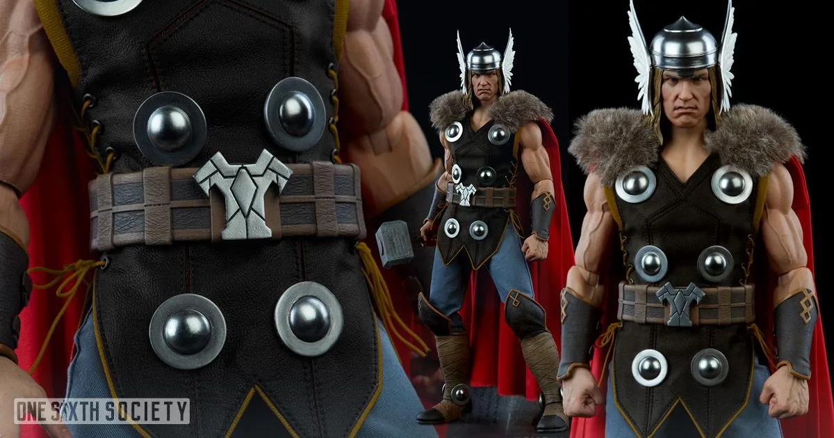Thor figure montage showing circular silver chest details, a broad belt, winged helmet and fur-like cape collar.