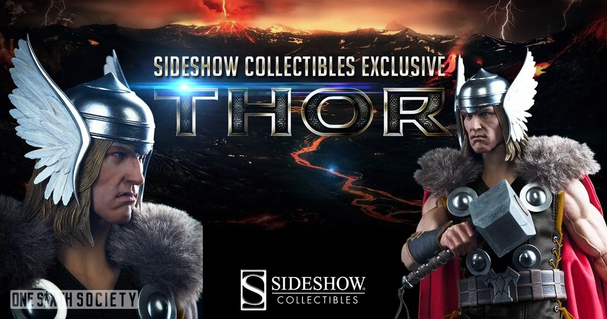 Sideshow comic-style Thor figure with a winged helmet, red cape and hammer beside Thor exclusive lettering and lightning.