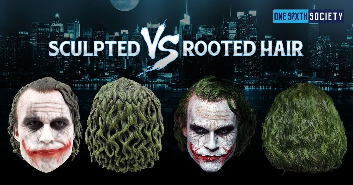 Front and rear views of Joker heads comparing solid sculpted green curls with loose green hair beneath Sculpted vs Rooted Hair lettering.