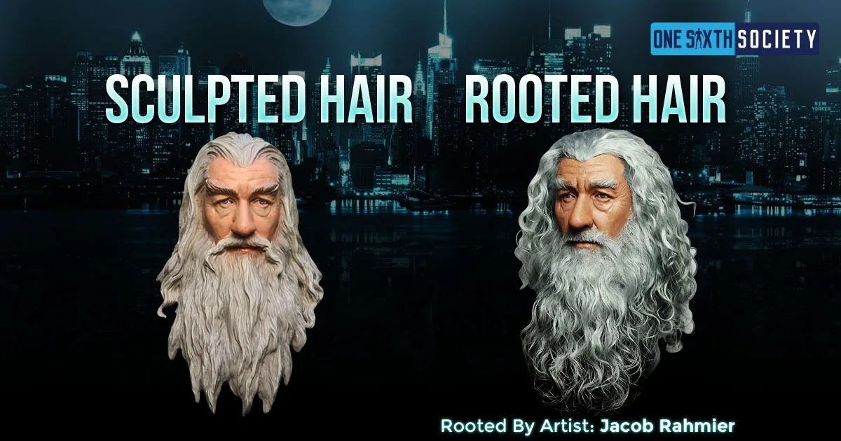 Gandalf heads comparing sculpted gray hair and beard with loose curled fibers, crediting the rooted work to Jacob Rahmier.