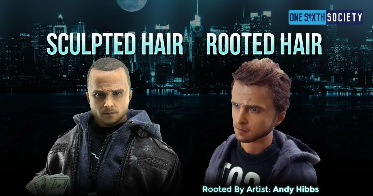 Jesse Pinkman figures comparing a close-cropped sculpted hairstyle with longer swept-up rooted hair credited to Andy Hibbs.