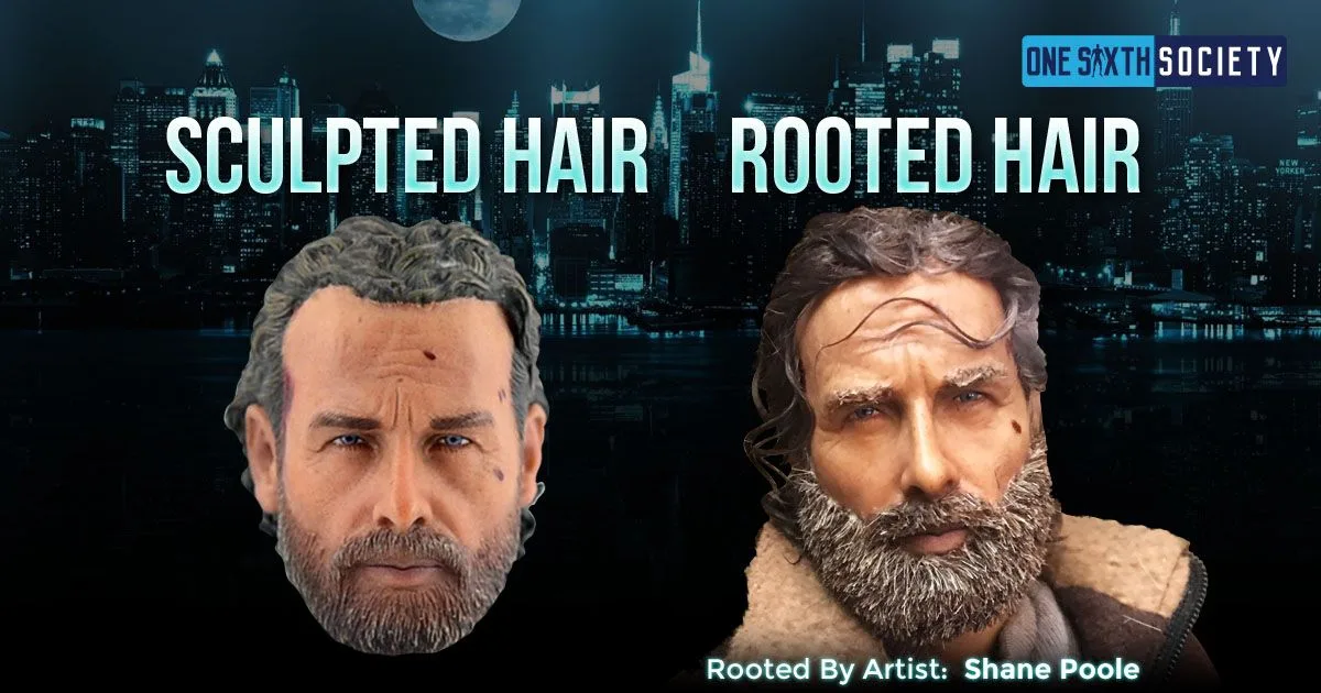 Rick Grimes heads comparing sculpted short hair and beard with tousled rooted hair and a fuller beard credited to Shane Poole.