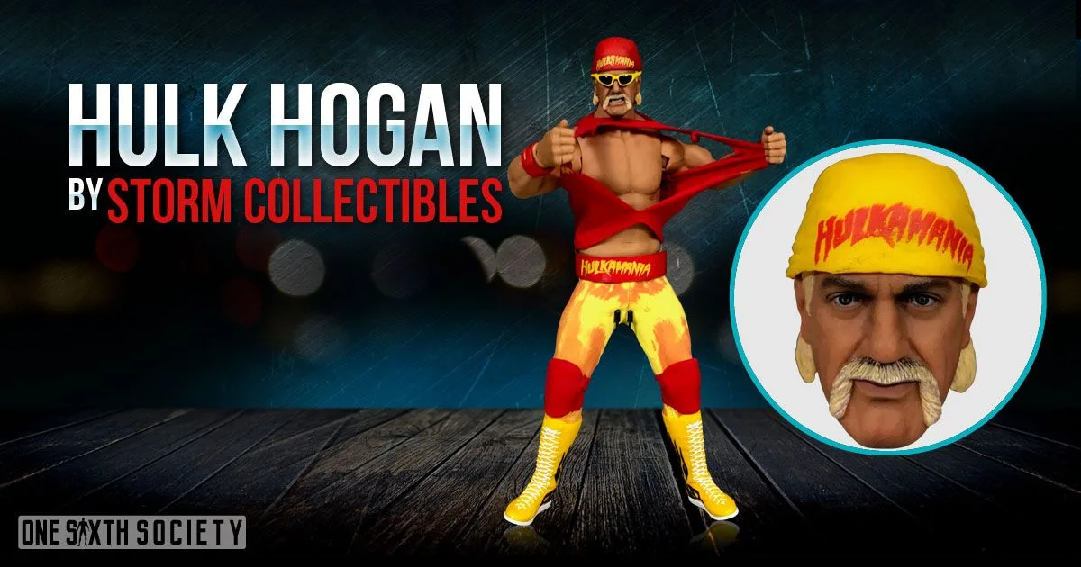 Storm Collectibles Hulk Hogan in yellow-and-red wrestling gear, pulling open a red shirt beside a close-up of his yellow Hulkamania bandana and blond mustache.
