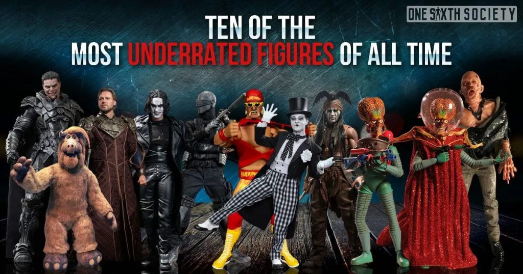 Ten of the Most Underrated Figures of All Time cover with a lineup including Jor-El, ALF, the Crow, Hulk Hogan, Martians and the mime Joker.