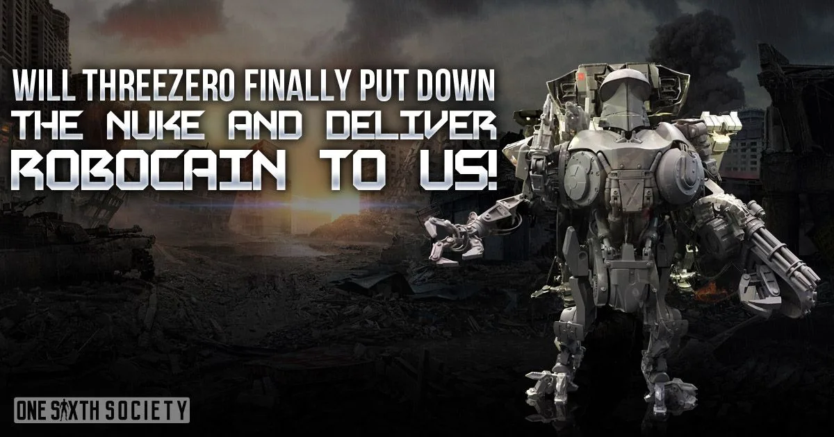 Threezero RoboCain shown against a ruined landscape in artwork asking whether the figure will be delivered to collectors.