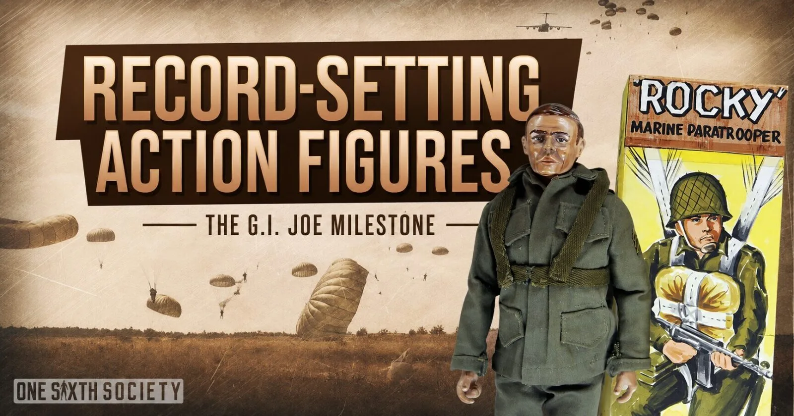 Record-Setting Action Figures graphic with an early G.I. Joe figure, Rocky Marine Paratrooper packaging and parachute silhouettes.