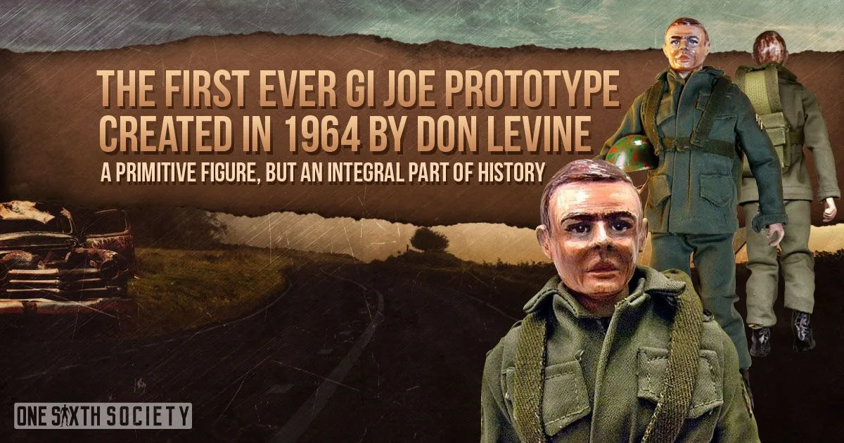 Historical G.I. Joe prototype graphic showing the head and front and rear views of a figure in an olive military uniform.