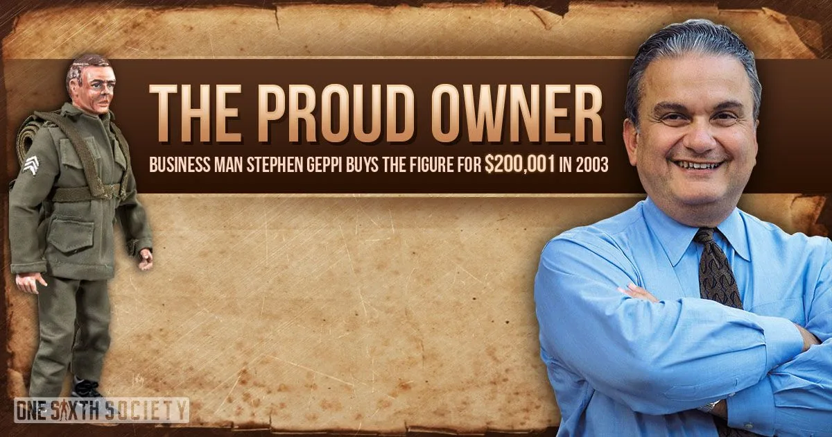 Graphic commemorating Stephen Geppi's 2003 G.I. Joe purchase, with a portrait beside the early military figure.