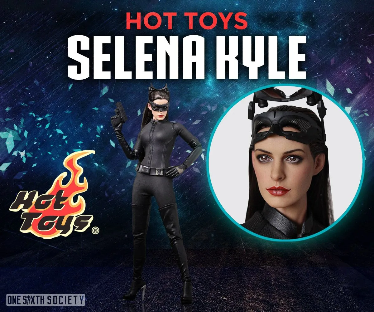 Hot Toys Selina Kyle in a black catsuit beside a face close-up showing red lips and her goggles pushed above her eyes.