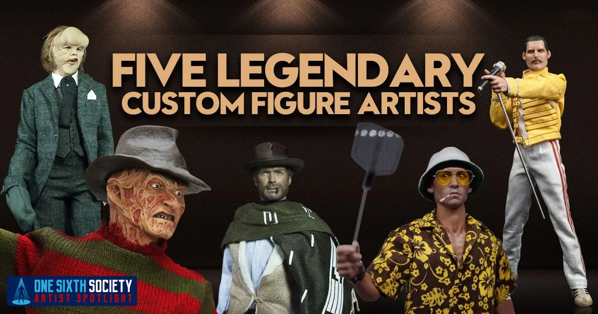 Five Legendary Custom Figure Artists banner with the Elephant Man, Freddy Krueger, a western gunfighter, Raoul Duke and Freddie Mercury figures.