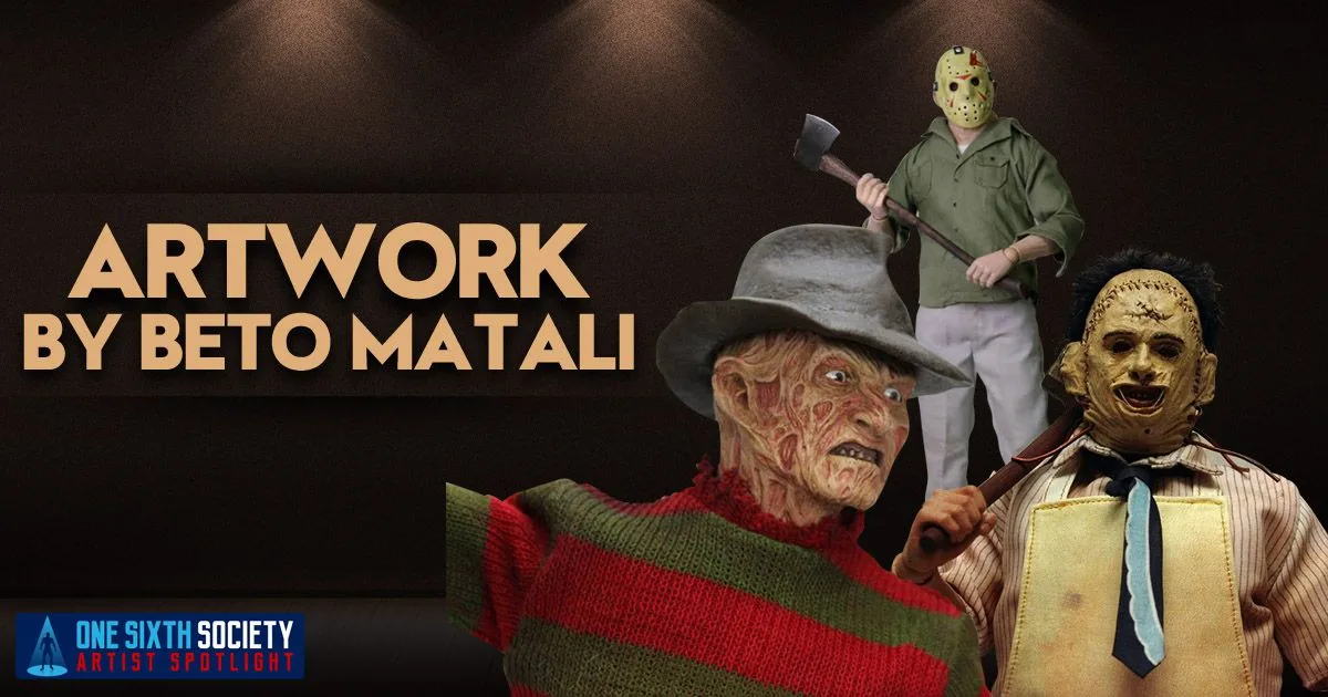 Beto Matali artwork showcase featuring Freddy Krueger in a striped sweater, masked Jason Voorhees with an axe and Leatherface.