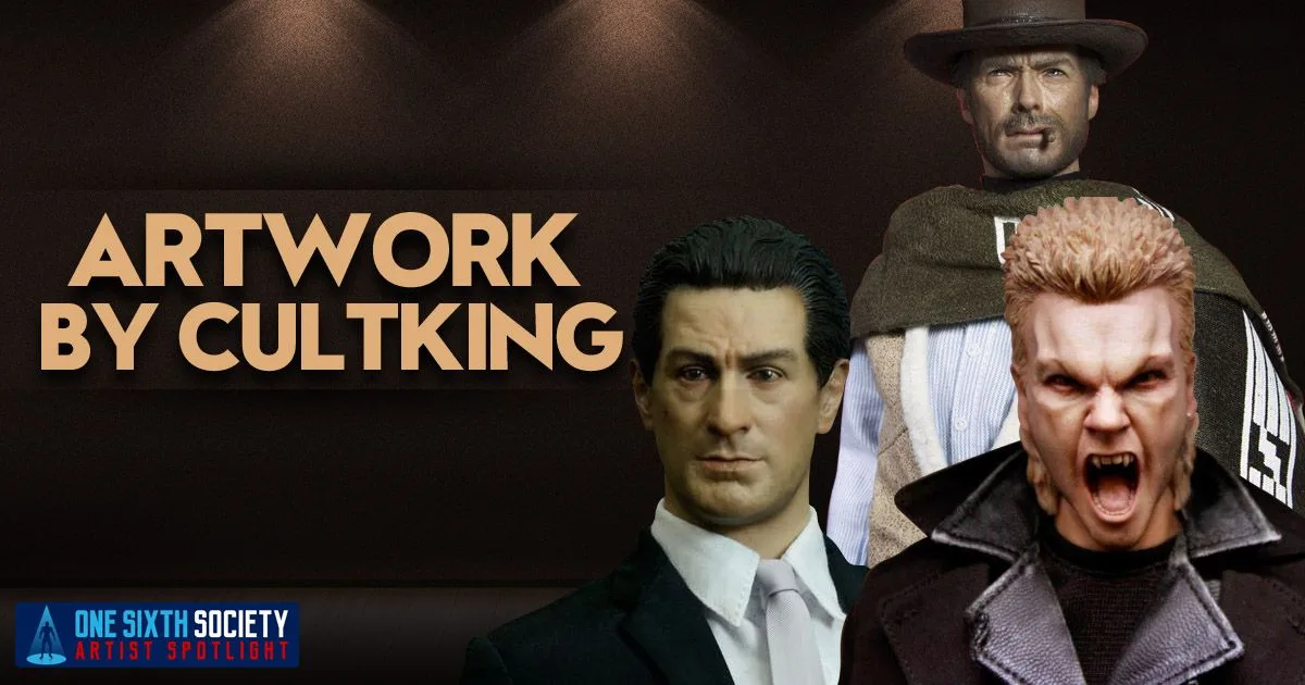 CultKing showcase with Vincent Vega in a black suit, a poncho-wearing western gunfighter and David from The Lost Boys baring his fangs.