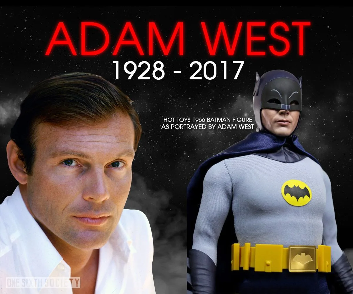 Adam West tribute graphic pairing a portrait with a Hot Toys 1966 Batman figure in a gray suit, blue cowl and yellow utility belt.