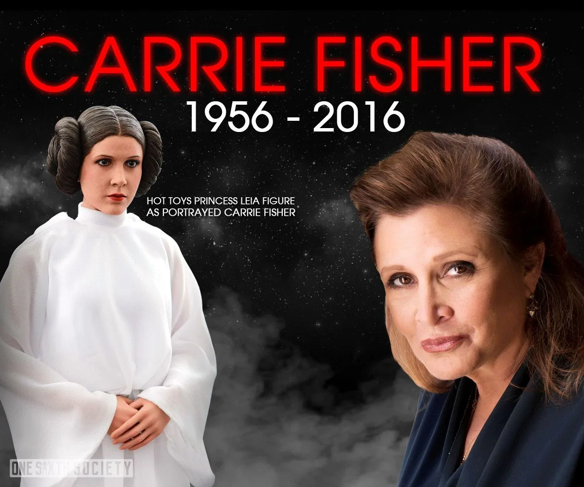 Carrie Fisher tribute graphic pairing a portrait with a Hot Toys Princess Leia figure in her white dress and braided side buns.