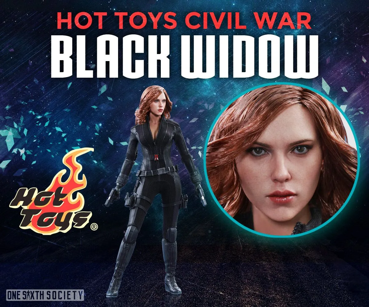 Hot Toys Civil War Black Widow figure in a black tactical suit beside a close-up of her face framed by long reddish hair.