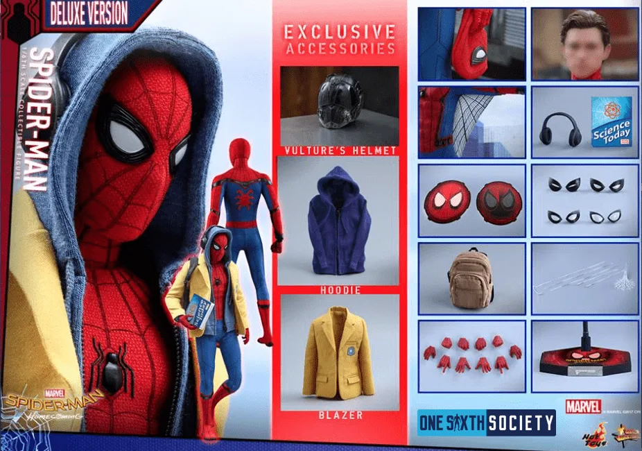 Spider-Man Deluxe promotional layout with yellow blazer, blue hoodie, Vulture helmet, backpack, eye pieces, web effects, hands and stand.