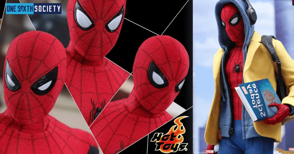 Spider-Man mask close-ups with different eye shapes beside the figure wearing a yellow blazer, blue hoodie and headphones while holding a textbook.