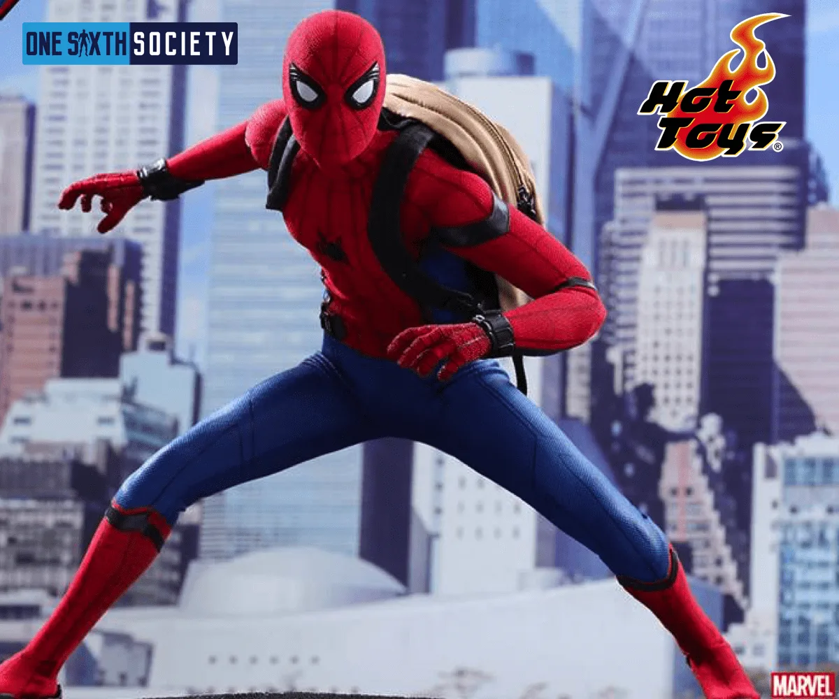 Spider-Man figure in a wide action stance with a tan backpack over his red-and-blue suit against a city backdrop.
