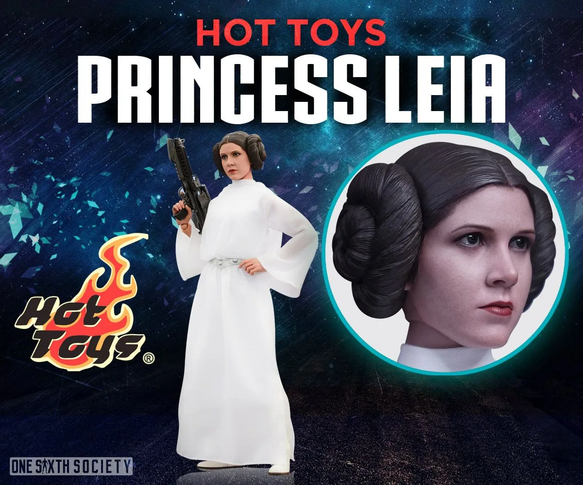 Hot Toys Princess Leia in a white gown holding a blaster beside a close-up of her face and sculpted side-bun hairstyle.