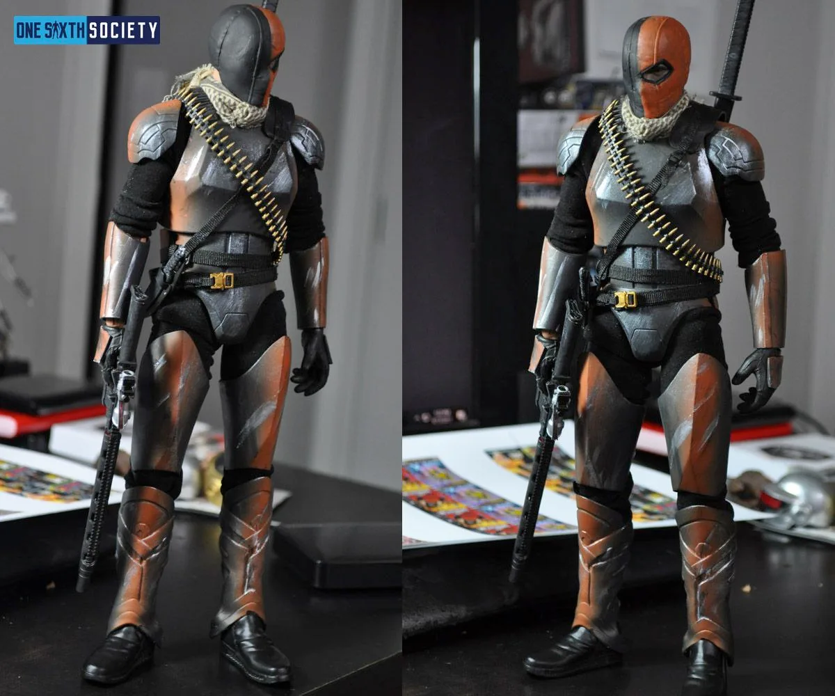 Two standing views of the completed custom Deathstroke in black-and-orange armor, with a sword on his back and a rifle held low.