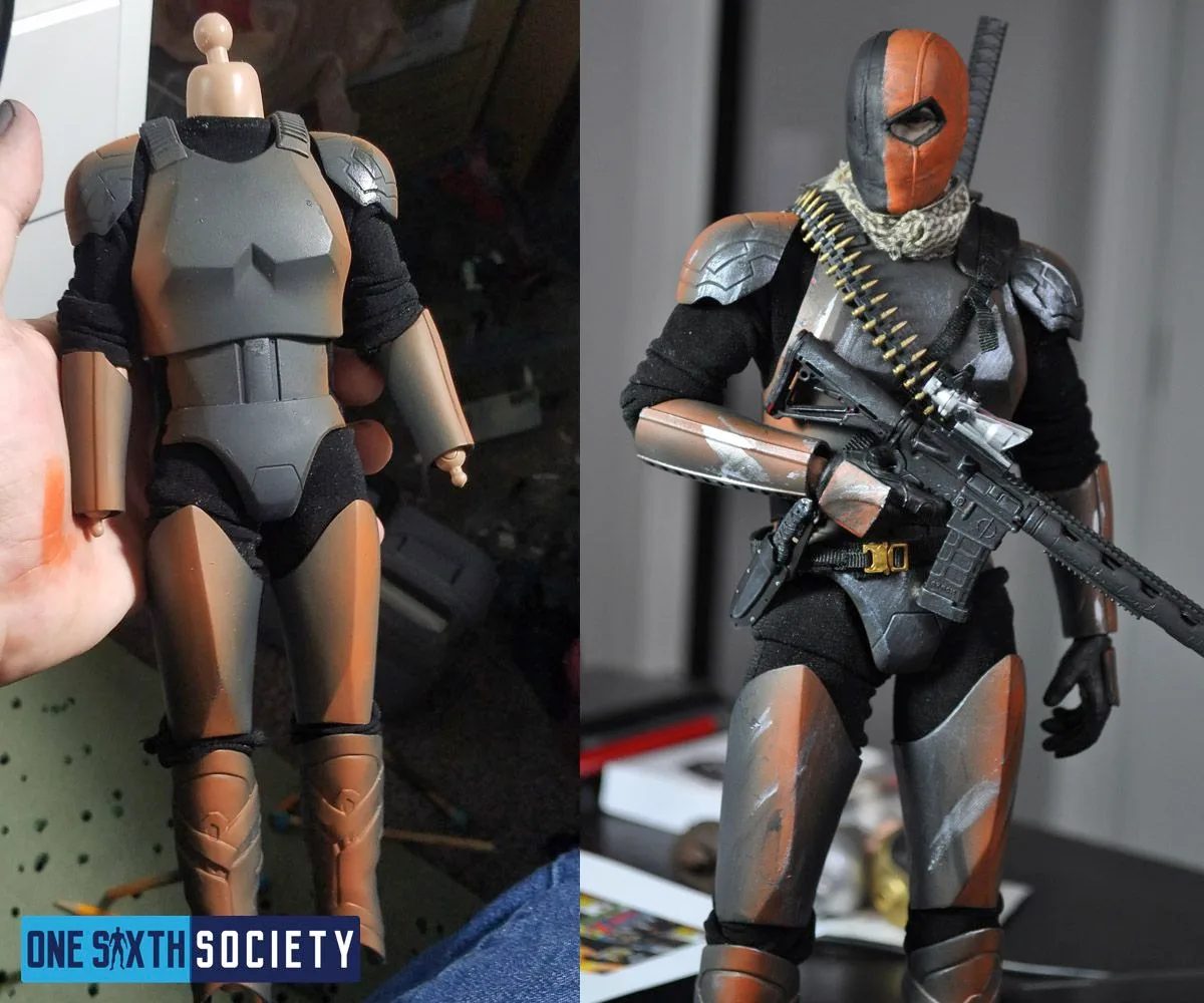Side-by-side views of a headless, partly assembled armored body and the completed custom Deathstroke with a scarf, bandolier and rifle.