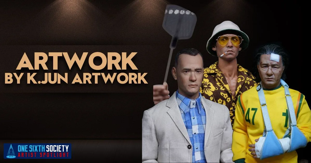 K.Jun artwork showcase with Forrest Gump in a light suit, Raoul Duke in a floral shirt and an I Saw the Devil figure in a yellow tracksuit.
