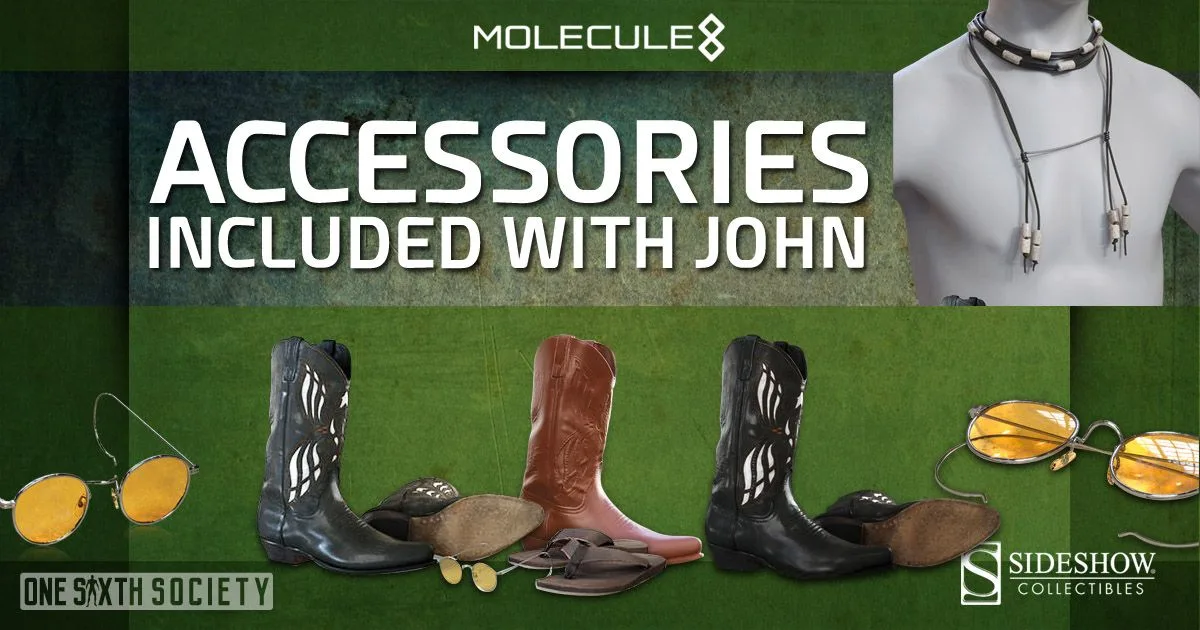 Molecule8 John Lennon accessory graphic showing necklaces, yellow-tinted glasses and several styles of miniature boots and shoes.