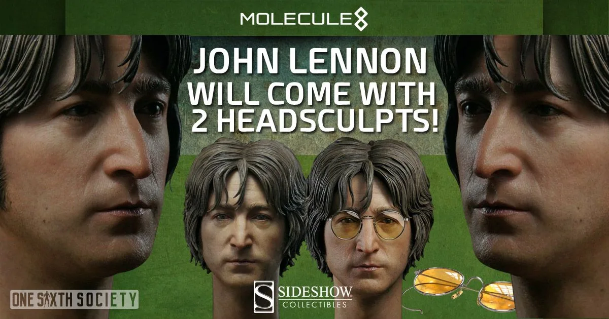 Molecule8 John Lennon promotional graphic showing multiple views of two head sculpts, including a portrait wearing yellow-tinted glasses.