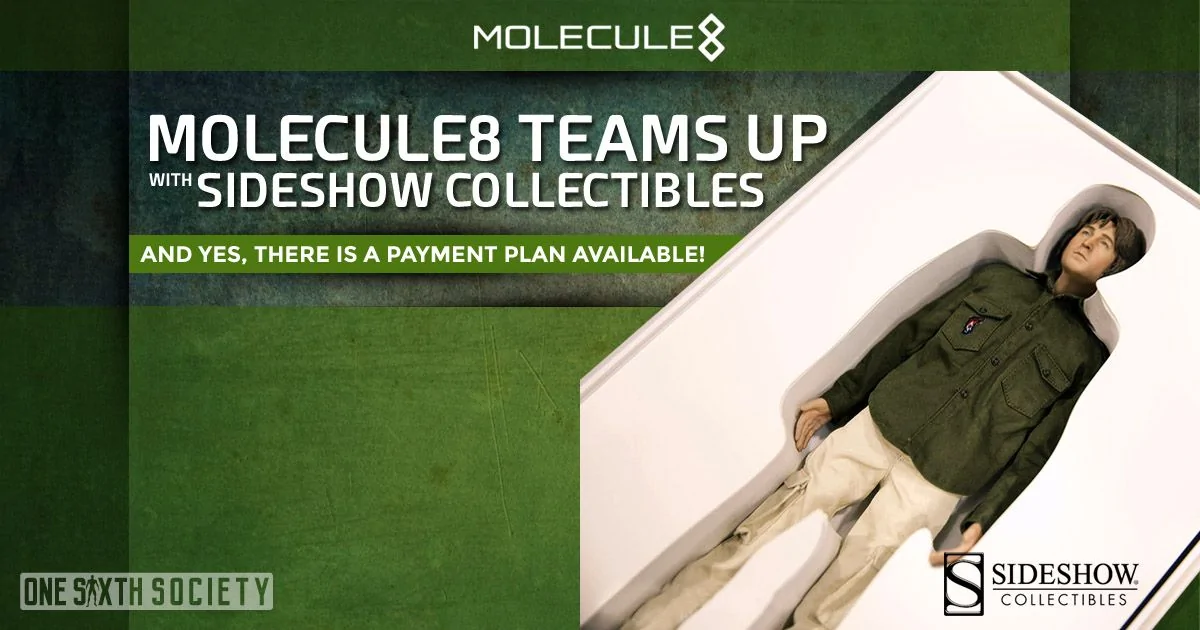 Archived Molecule8 and Sideshow announcement graphic with a John Lennon prototype in a green shirt and light trousers lying in white packaging.