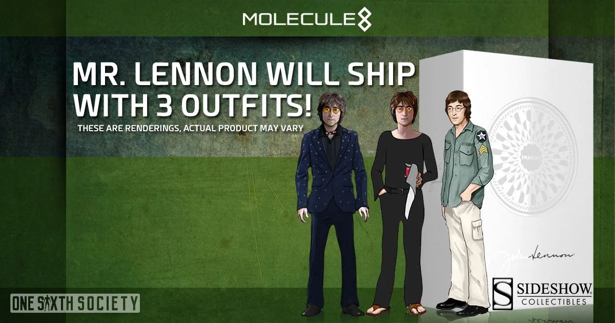 John Lennon wardrobe concept artwork showing three outfits: a dark suit, a black top and a green military-style shirt with light trousers.