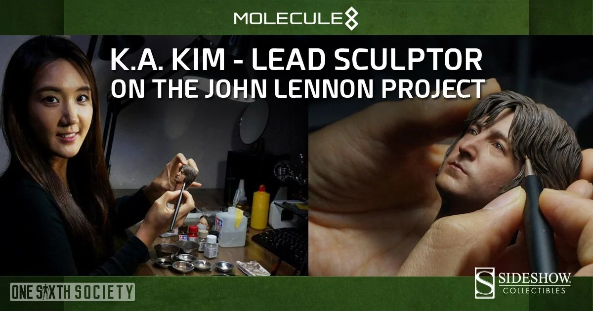 Artwork crediting K.A. Kim as lead sculptor, with a woman at a workbench beside a close-up of hands working on a John Lennon head sculpt.