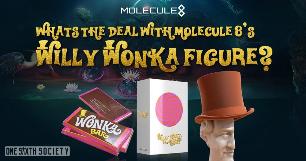 Molecule8 Willy Wonka project graphic showing a top-hatted head sculpt, Wonka bars and presentation-box artwork.