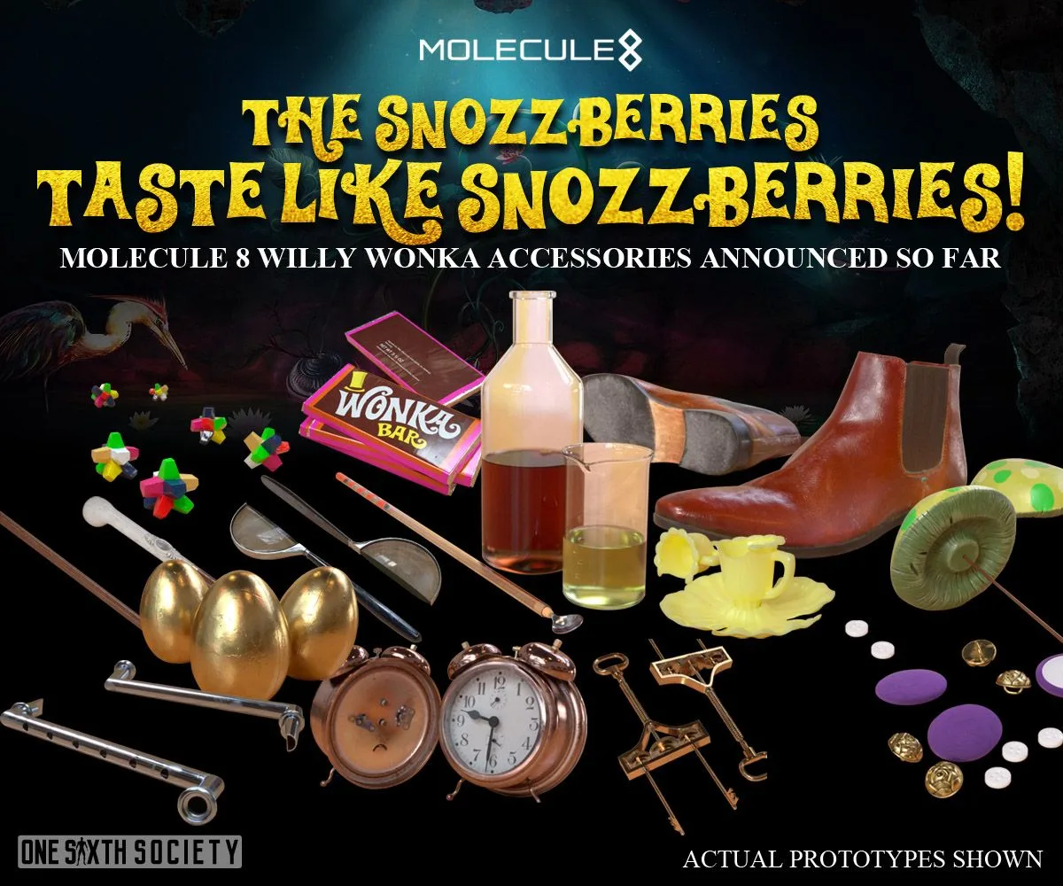 Historical Willy Wonka accessory montage showing candy, Wonka bars, shoes, a bottle, golden eggs and pocket watches.