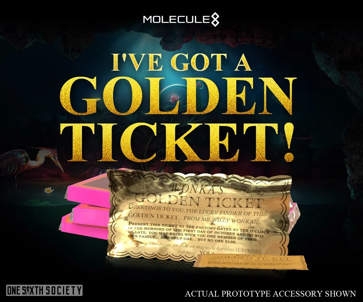 Golden Ticket prototype and Wonka bar wrappers beneath I've Got a Golden Ticket lettering in a Molecule8 promotional graphic.