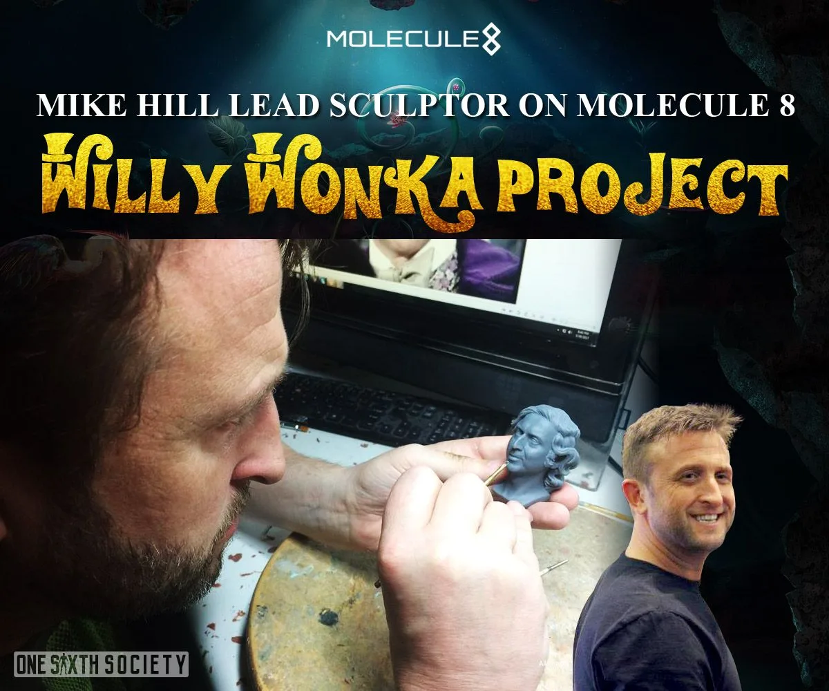 Molecule8 graphic crediting Mike Hill as lead sculptor, with a person working on a small head sculpt beside a laptop and an inset portrait.