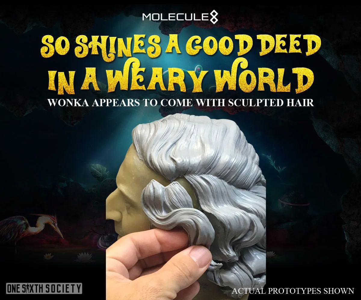 Hand holding the gray curled-hair section of a Willy Wonka prototype head beneath Molecule8 sculpted-hair announcement text.