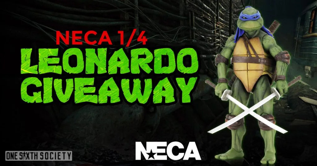Archived NECA quarter-scale Leonardo giveaway graphic showing the blue-masked Ninja Turtle figure with two swords crossed in front.