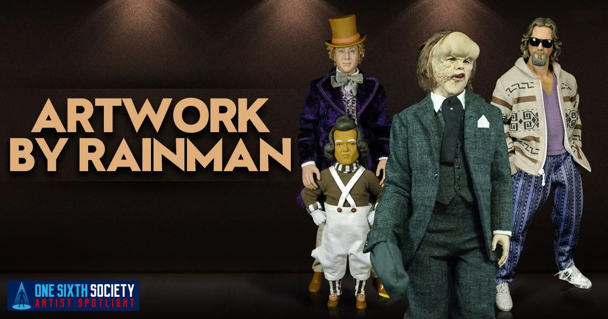 Rainman artwork showcase with Willy Wonka in a top hat, an Oompa Loompa, the Elephant Man in a suit and the Dude in sunglasses.