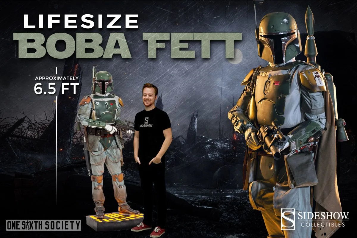 Sideshow life-size Boba Fett holding a blaster in weathered armor, shown beside an adult and in a close-up costume view.