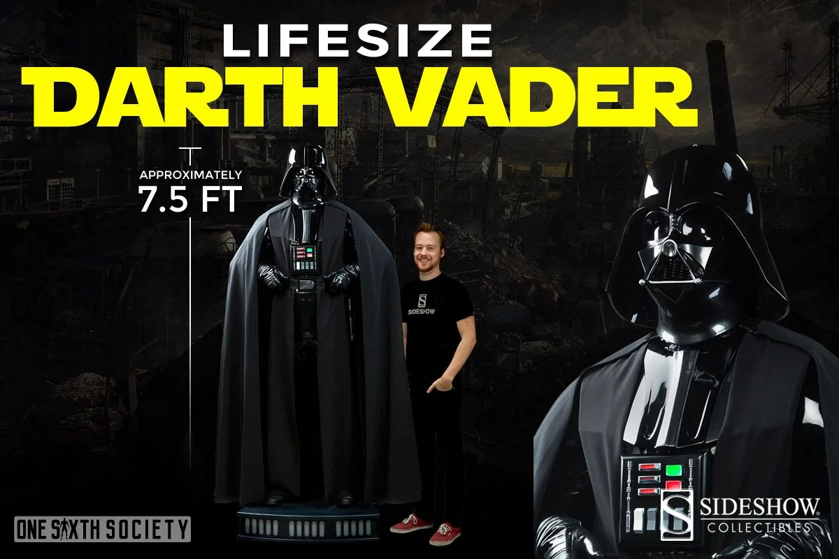 Sideshow life-size Darth Vader posed with hands at his belt beside an adult, alongside a close-up of the helmet and chest controls.