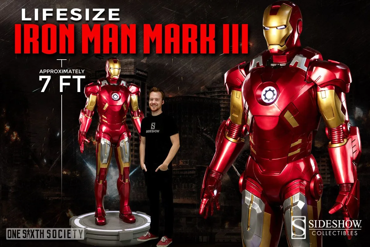 Sideshow life-size Iron Man Mark III in red-and-gold armor, shown beside an adult and in a close-up with illuminated eyes and arc reactor.