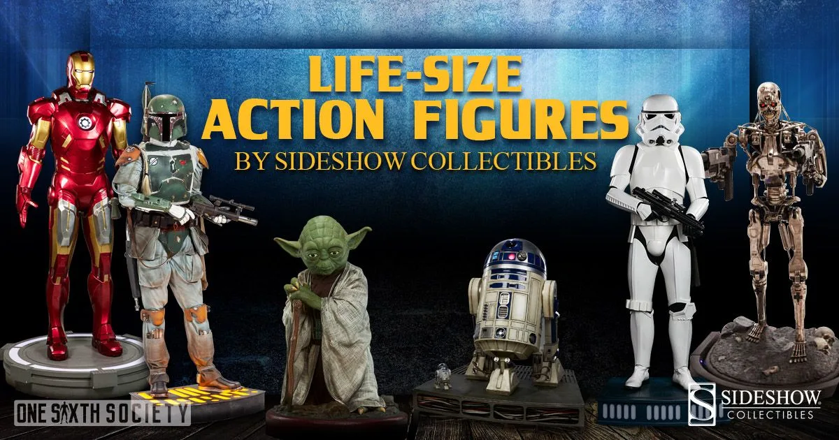Sideshow life-size display lineup featuring Iron Man, Boba Fett, Yoda, R2-D2, a Stormtrooper and a T-800 Endoskeleton.