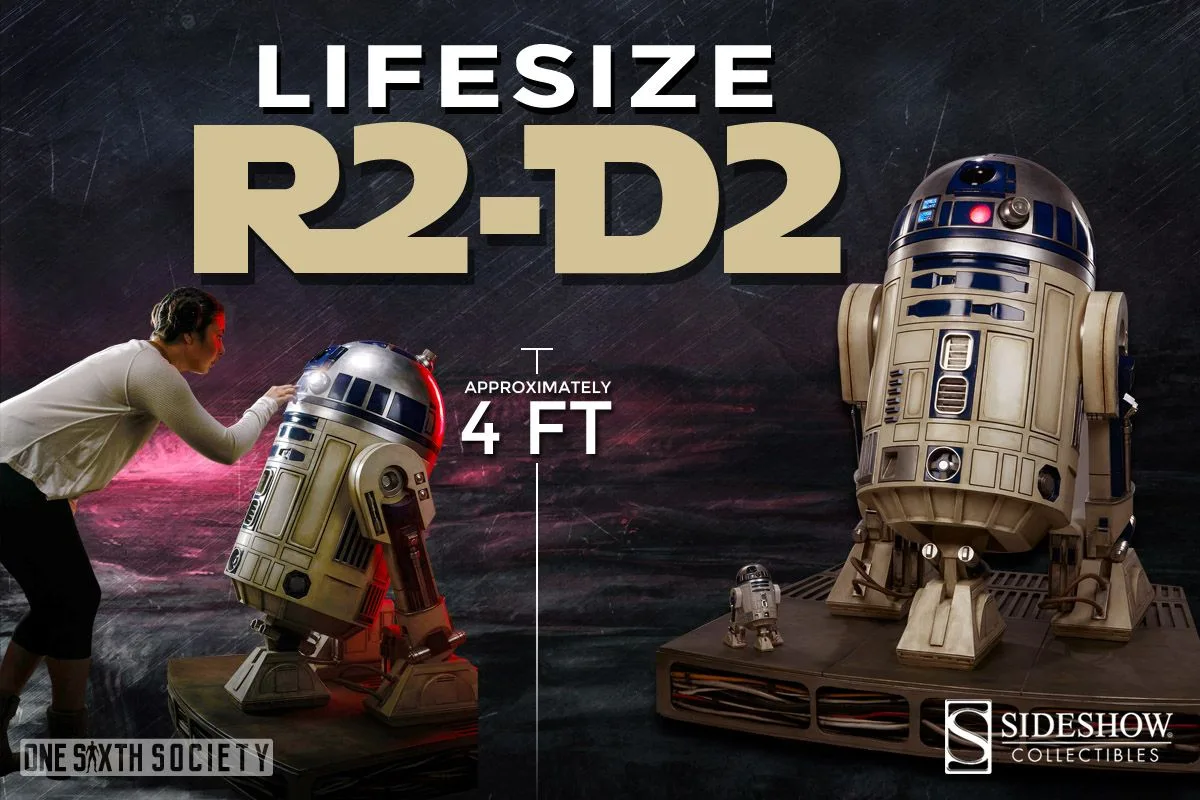 Sideshow life-size R2-D2 shown with an adult reaching toward its dome and in a full view of the droid on its display base.